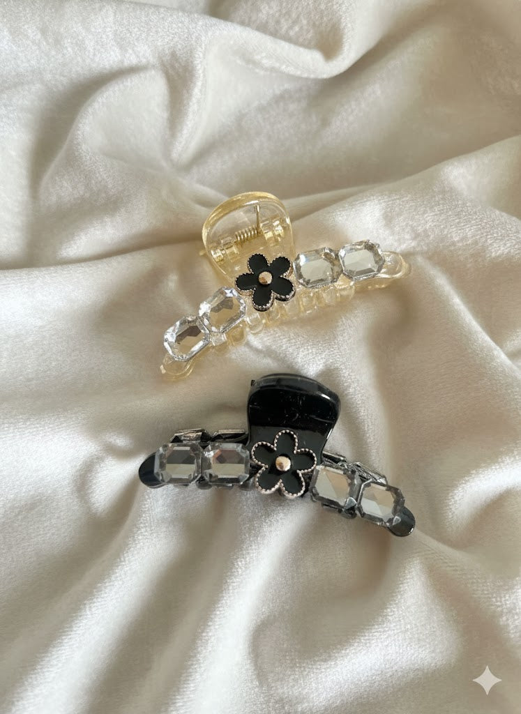 The Duet Glamour Clip: Black & Cream Stone Studded (Pack of 2)